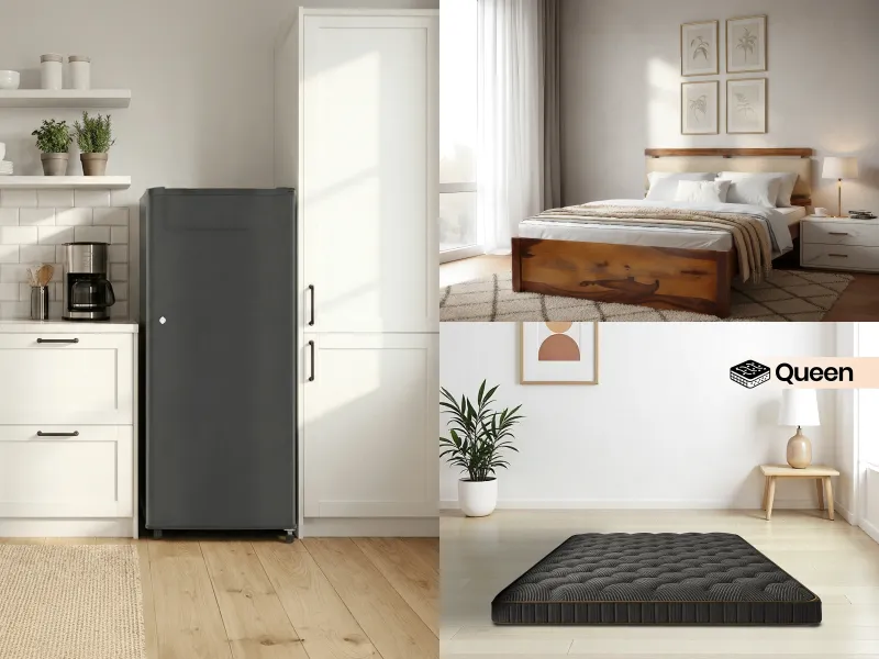 Fridge with Belle Queen Bed and Mattress Combo